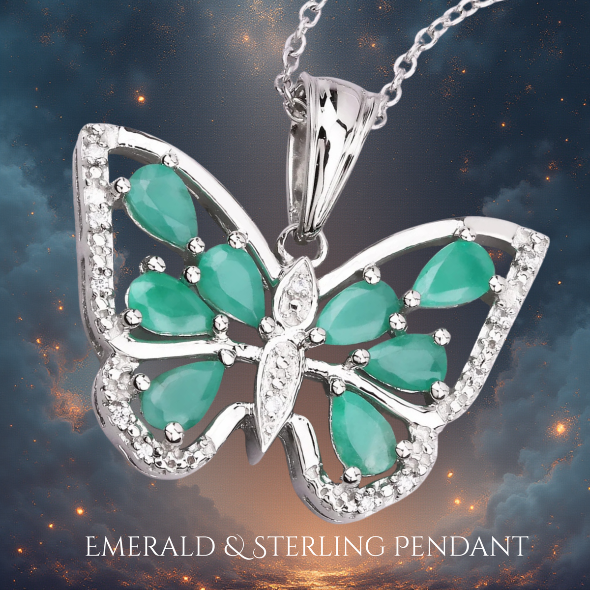 Sterling Silver Genuine Emerald Butterfly Pendant