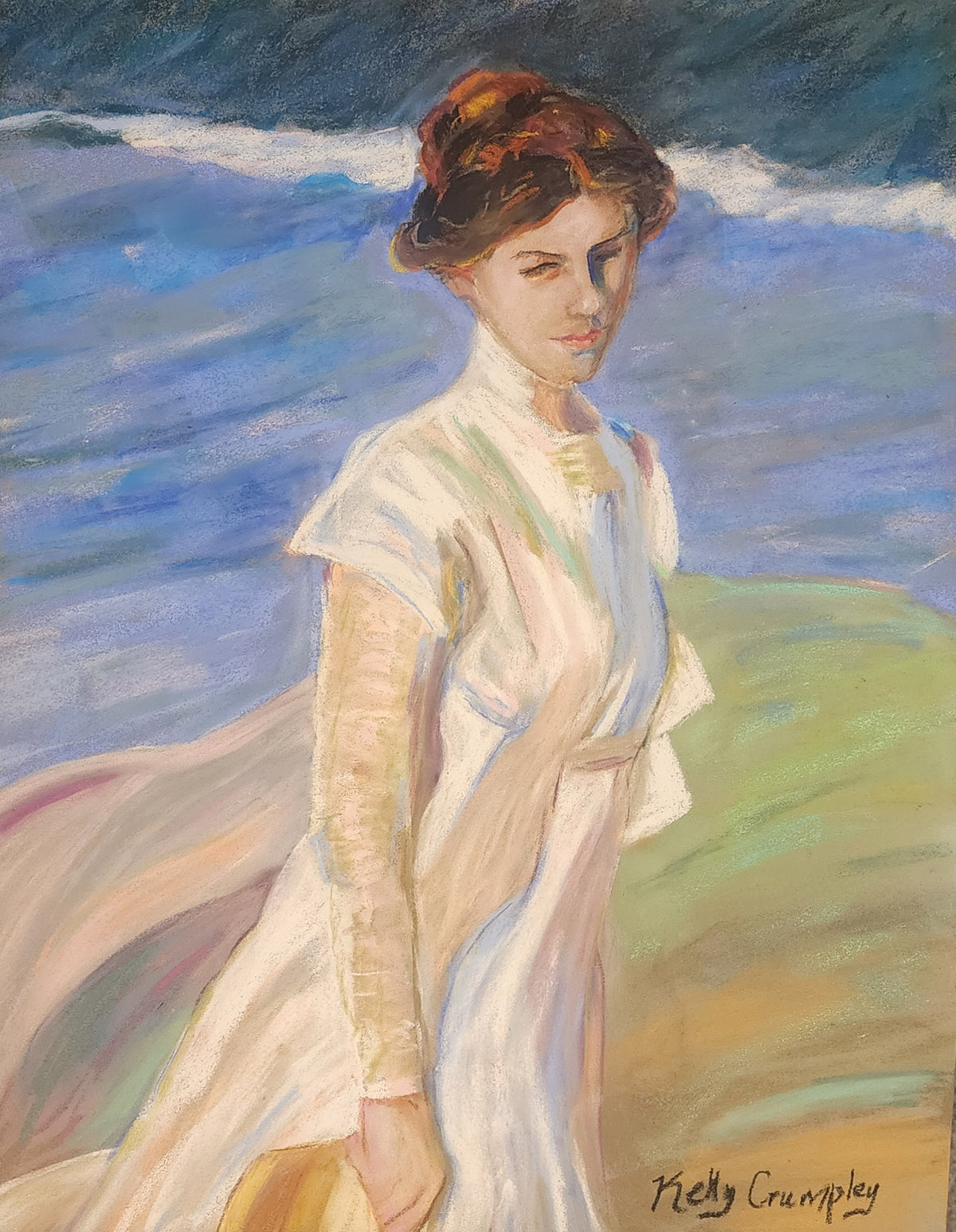 Walk at the Beach, Original Pastel Painting by Kelly Crumpley