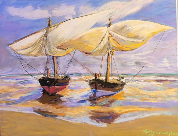 Beached Boats Valencia, Original Pastel Painting by Kelly Crumpley