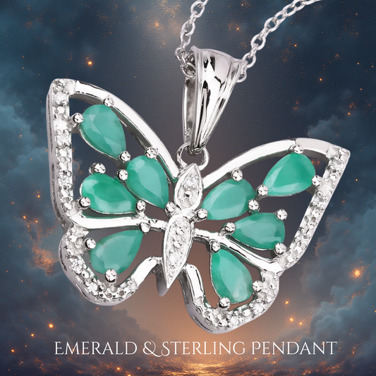 Sterling Silver Genuine Emerald Butterfly Pendant